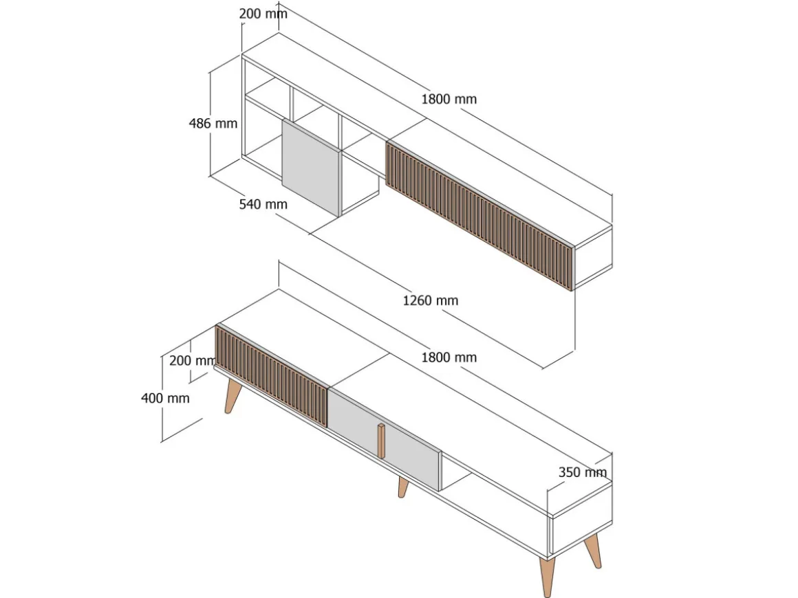 Meuble TV en bois "Milan" - 180 x 35 x 40 cm - Noyer, Travertin