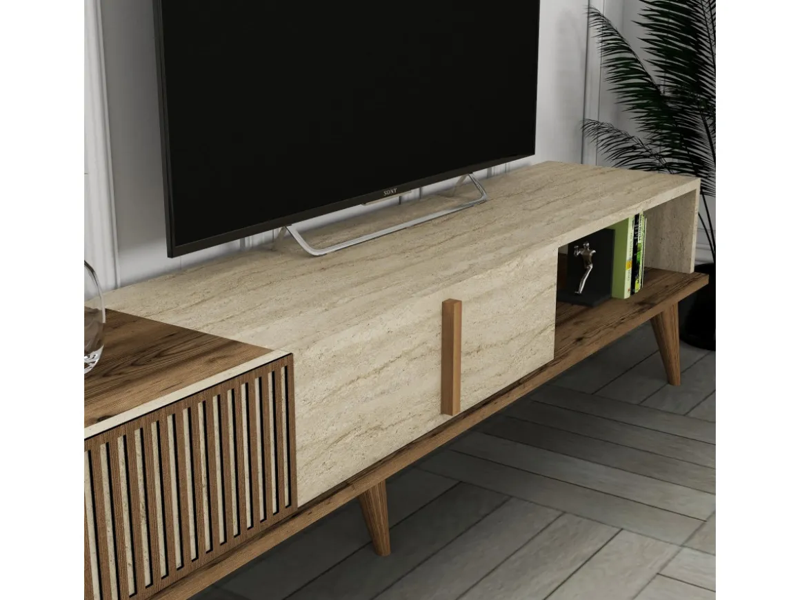 Meuble TV en bois "Milan" - 180 x 35 x 40 cm - Noyer, Travertin