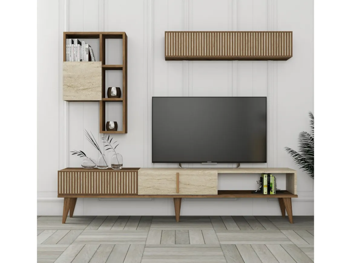 Meuble TV en bois "Milan" - 180 x 35 x 40 cm - Noyer, Travertin