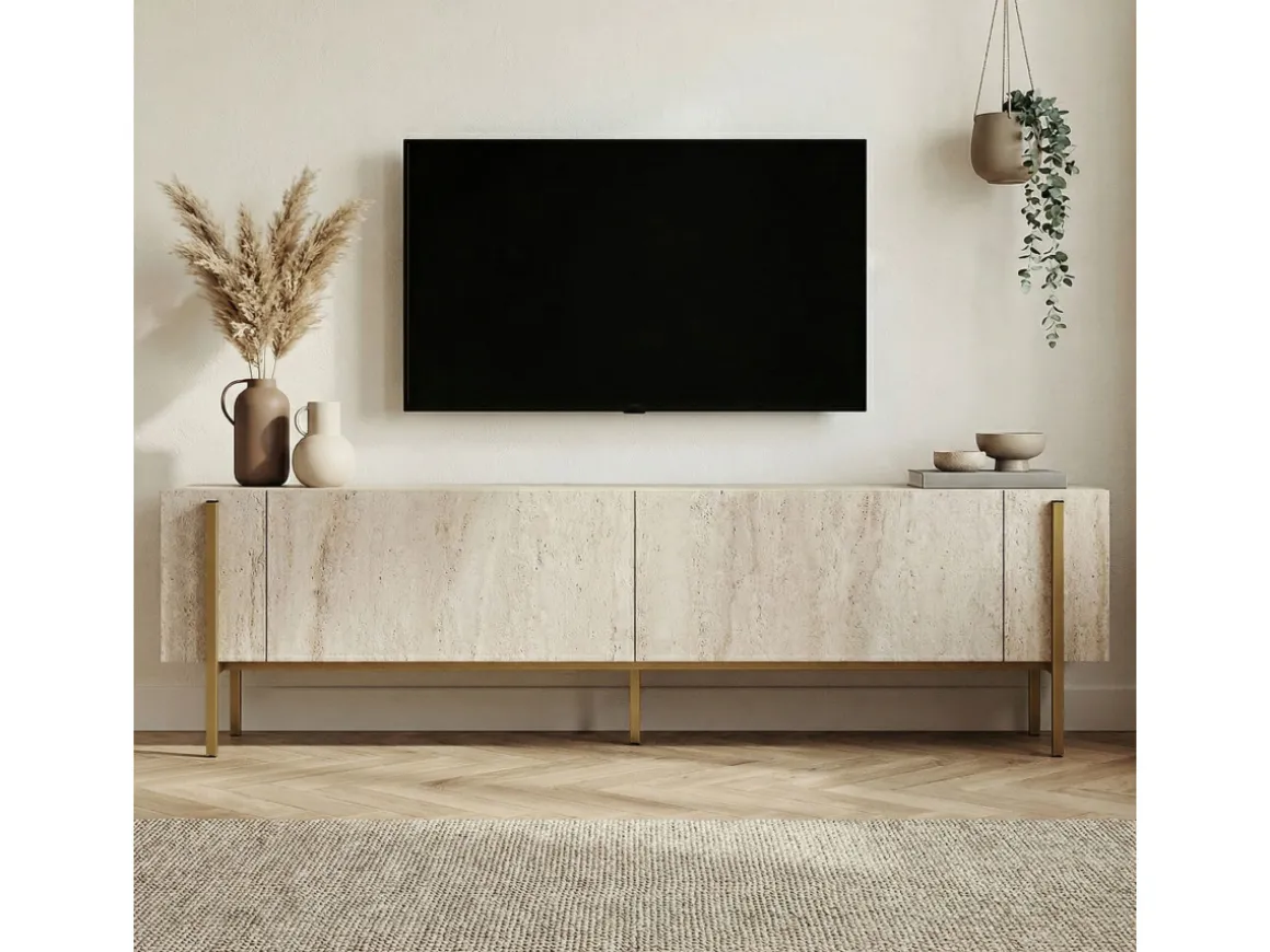 Meuble TV en bois "Nexus" - 180 x 30 x 45 cm - Travertin / Or