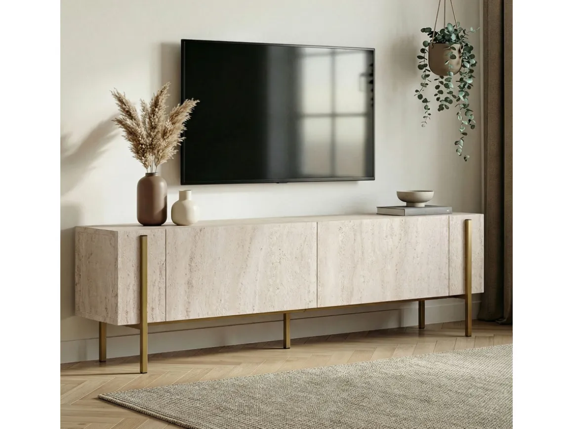 Meuble TV en bois "Nexus" - 180 x 30 x 45 cm - Travertin / Or