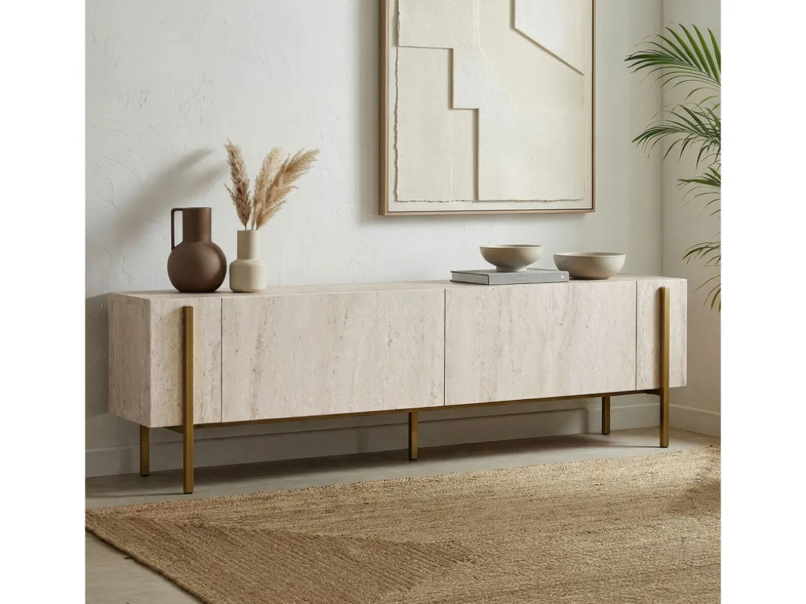 Meuble TV en bois "Nexus" - 180 x 30 x 45 cm - Travertin / Or