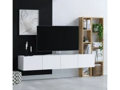 Meuble TV en bois "Pana" - 182 x 32 x 25 cm - Blanc, Chêne