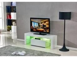 Meuble TV LED "Borda" - 130 x 34 x 45 cm - Blanc laqué