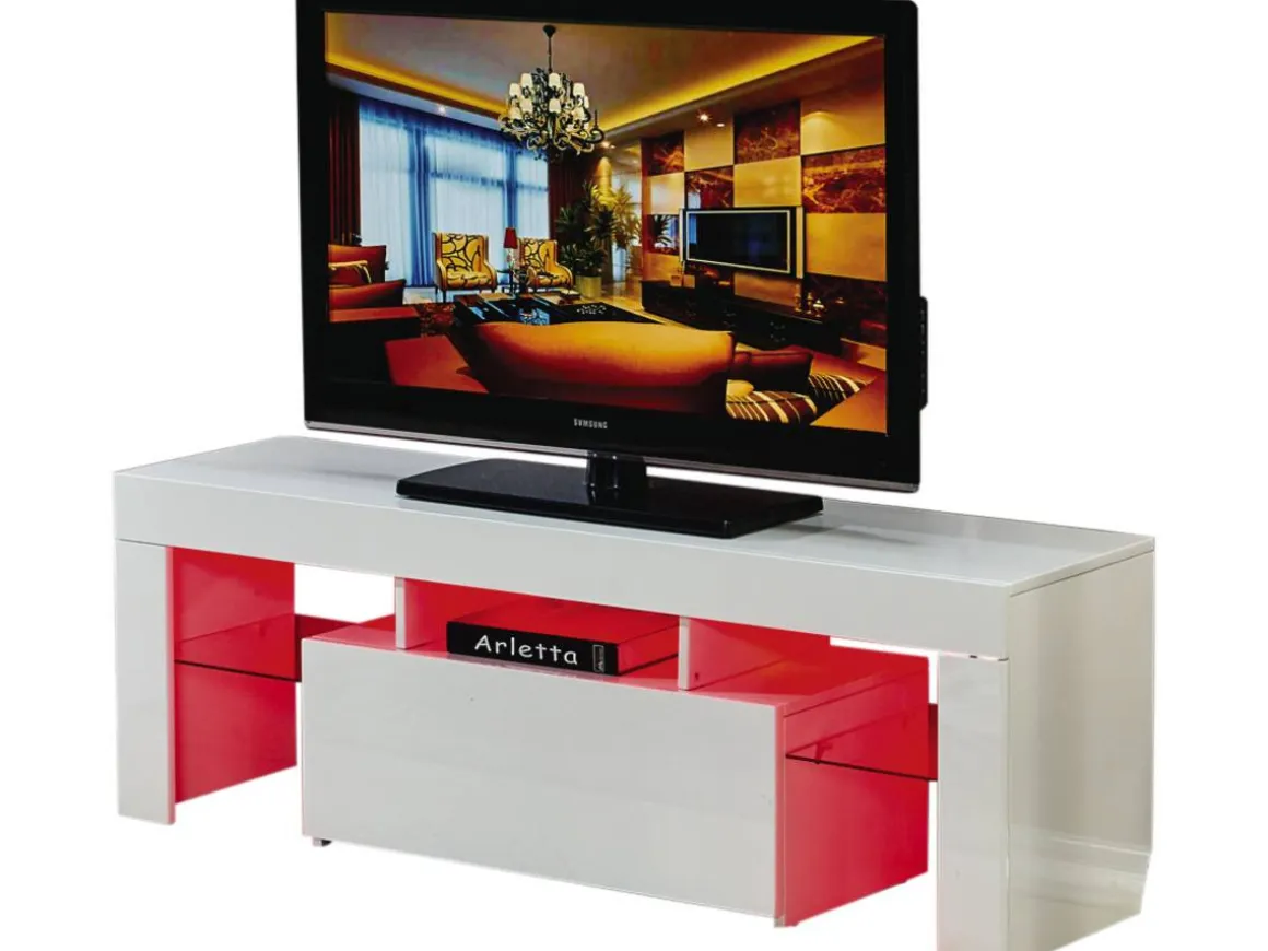Meuble TV LED "Borda" - 130 x 34 x 45 cm - Blanc laqué