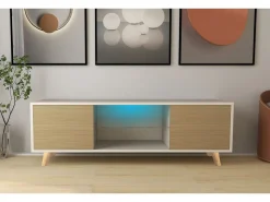 Meuble TV LED "Inna" - 140 x 42 x 45 cm - Blanc/Chêne