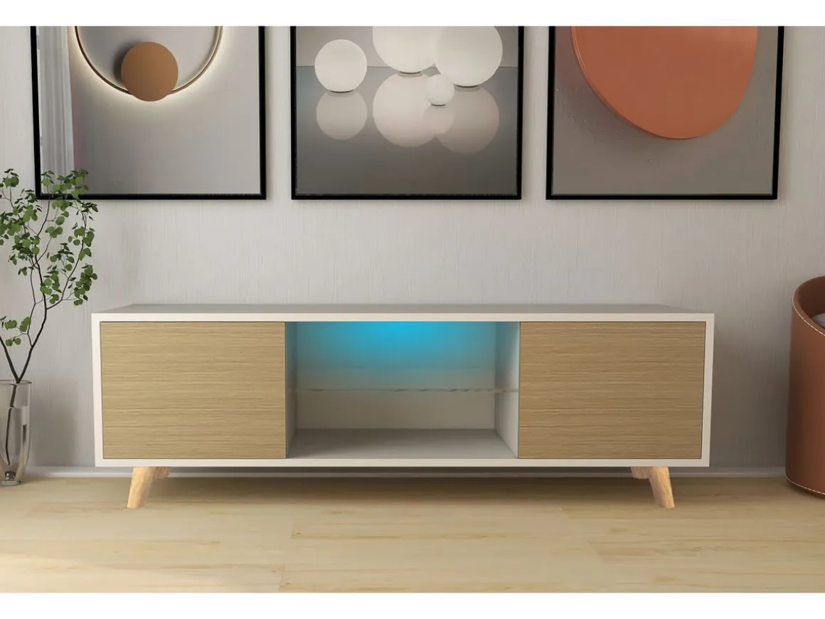 Meuble TV LED "Inna" - 140 x 42 x 45 cm - Blanc/Chêne