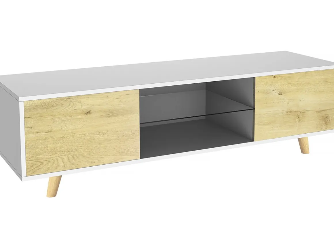 Meuble TV LED "Inna" - 140 x 42 x 45 cm - Blanc/Chêne