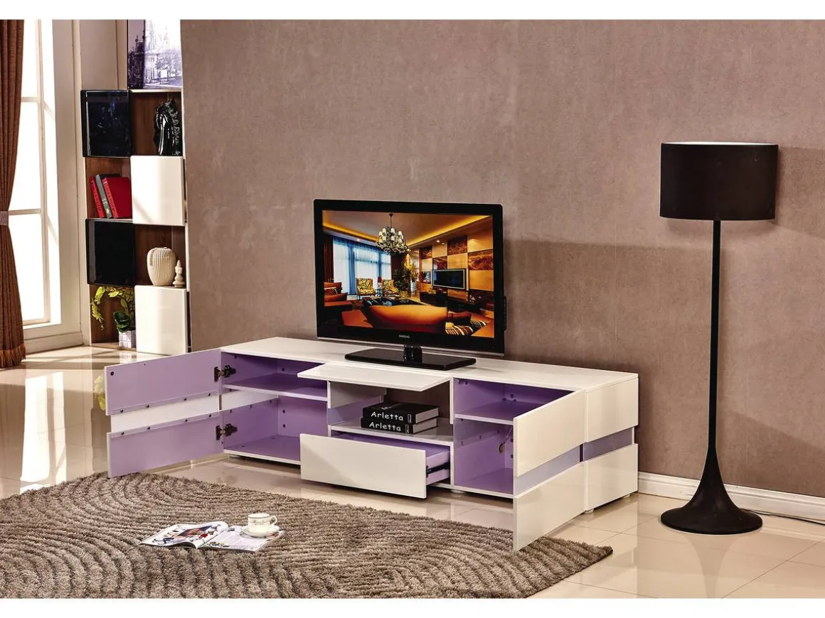 Meuble TV LED "Vida' - 177 x 39 x 45 cm - Blanc laqué