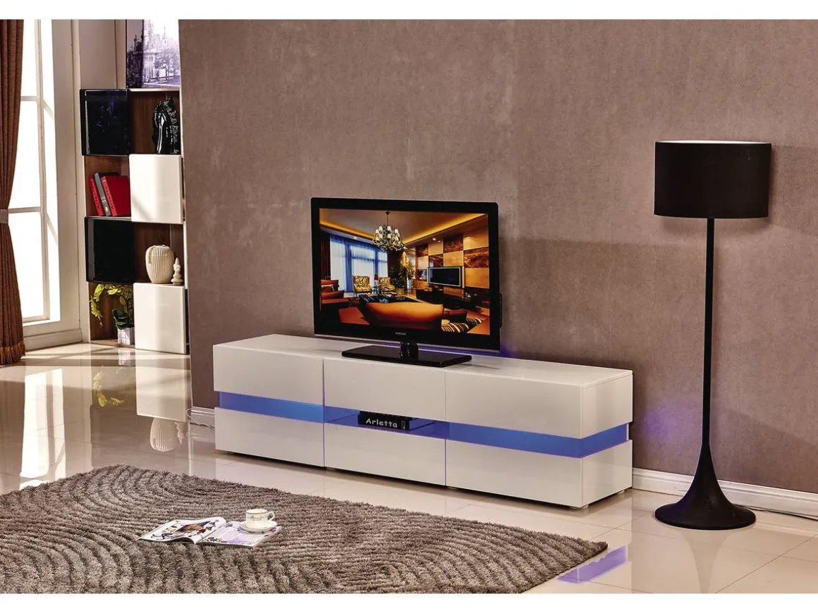 Meuble TV LED "Vida' - 177 x 39 x 45 cm - Blanc laqué