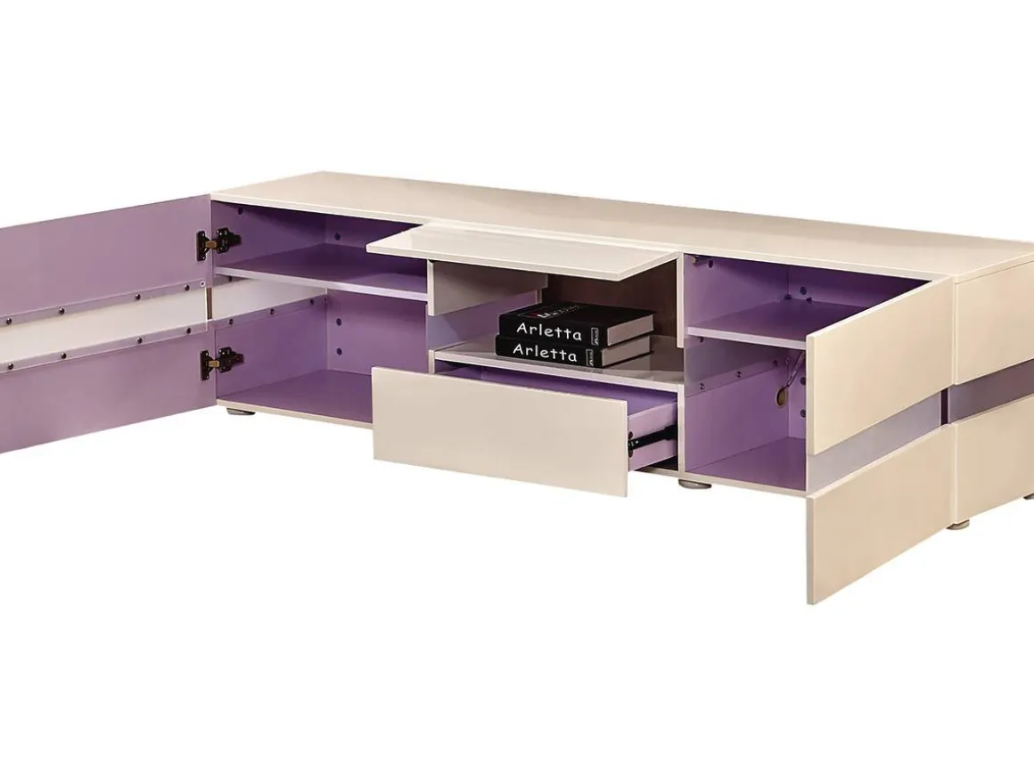 Meuble TV LED "Vida' - 177 x 39 x 45 cm - Blanc laqué