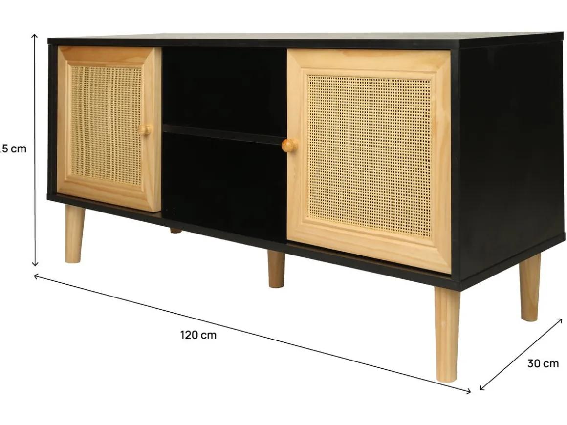 Meuble TV scandinave en cannage "Iguane" - 120 x 30 x 56.5 cm - Noir