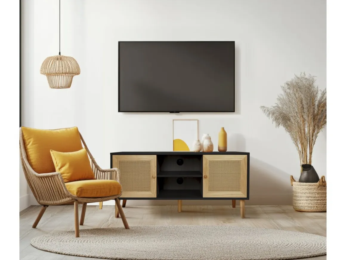 Meuble TV scandinave en cannage "Iguane" - 120 x 30 x 56.5 cm - Noir
