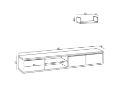 Meuble TV suspendu avec étagère murale en bois "Heka" - 180 x 30 x 25 cm - Beige