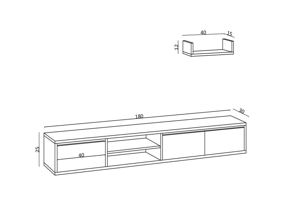 Meuble TV suspendu avec étagère murale en bois "Heka" - 180 x 30 x 25 cm - Beige