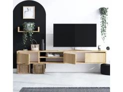 Meuble TV suspendu avec étagère murale en bois "Heka" - 180 x 30 x 25 cm - Beige
