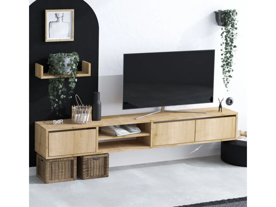 Meuble TV suspendu avec étagère murale en bois "Heka" - 180 x 30 x 25 cm - Beige