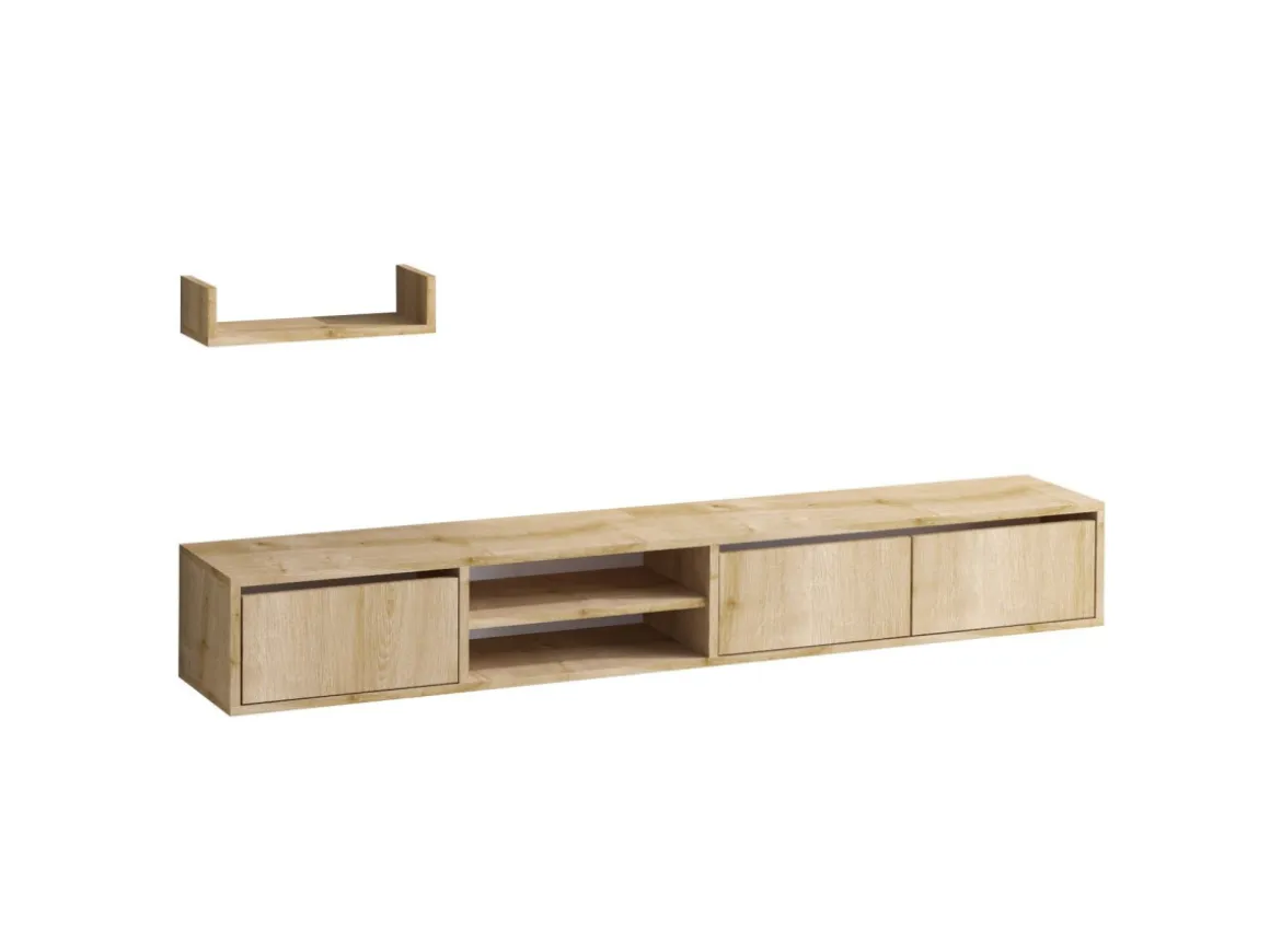 Meuble TV suspendu avec étagère murale en bois "Heka" - 180 x 30 x 25 cm - Beige