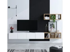 Meuble TV suspendu avec étagère murale en bois "Pia"- 215 x 32 x 25 cm - Blanc