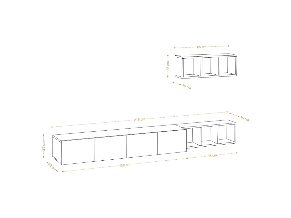 Meuble TV suspendu avec étagère murale en bois "Pia"- 215 x 32 x 25 cm - Blanc