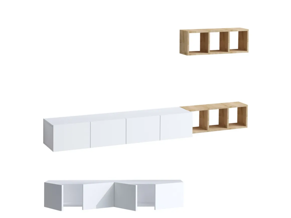 Meuble TV suspendu avec étagère murale en bois "Pia"- 215 x 32 x 25 cm - Blanc