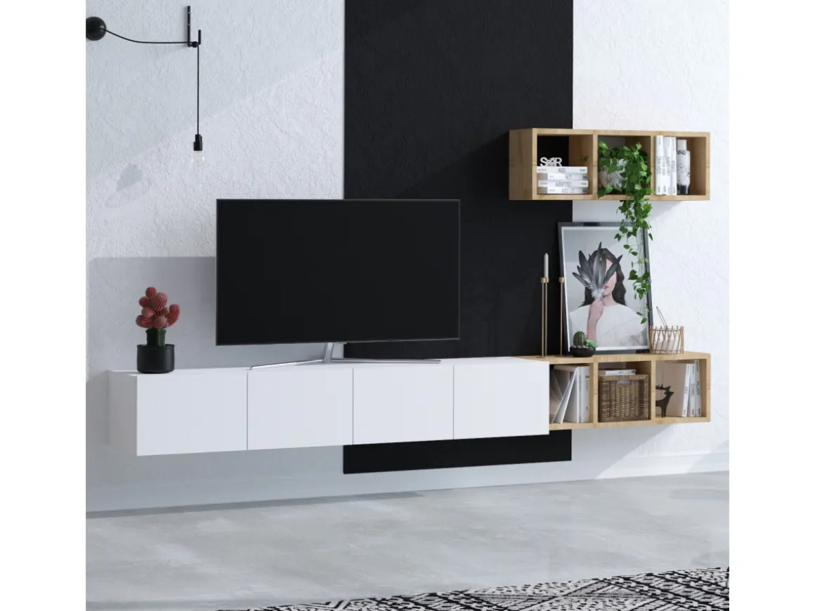 Meuble TV suspendu avec étagère murale en bois "Pia"- 215 x 32 x 25 cm - Blanc