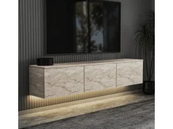 Meuble TV suspendu en bois avec éclairage LED "Neon illuminated" - 160 x 32 x 35 cm - Travertin