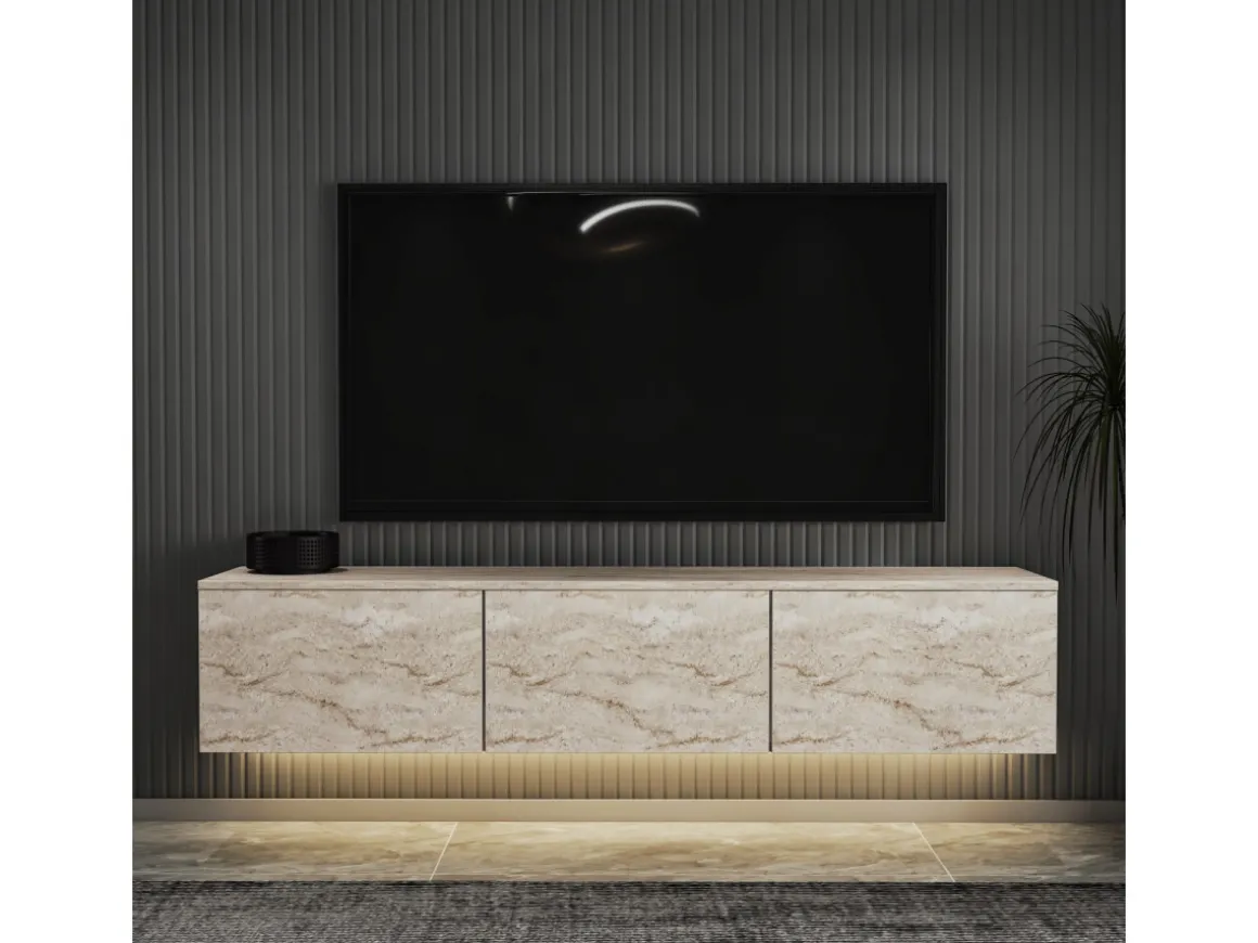 Meuble TV suspendu en bois avec éclairage LED "Neon illuminated" - 160 x 32 x 35 cm - Travertin