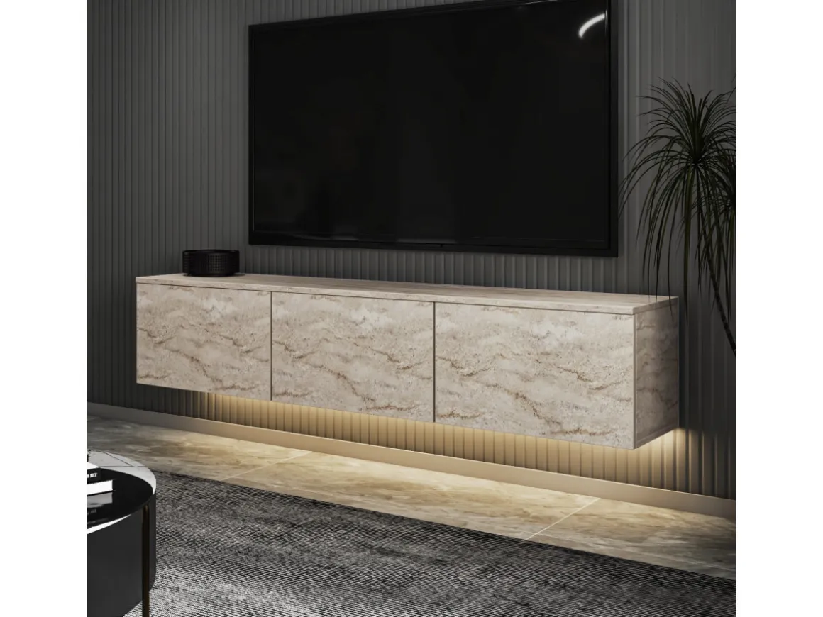 Meuble TV suspendu en bois avec éclairage LED "Neon illuminated" - 160 x 32 x 35 cm - Travertin
