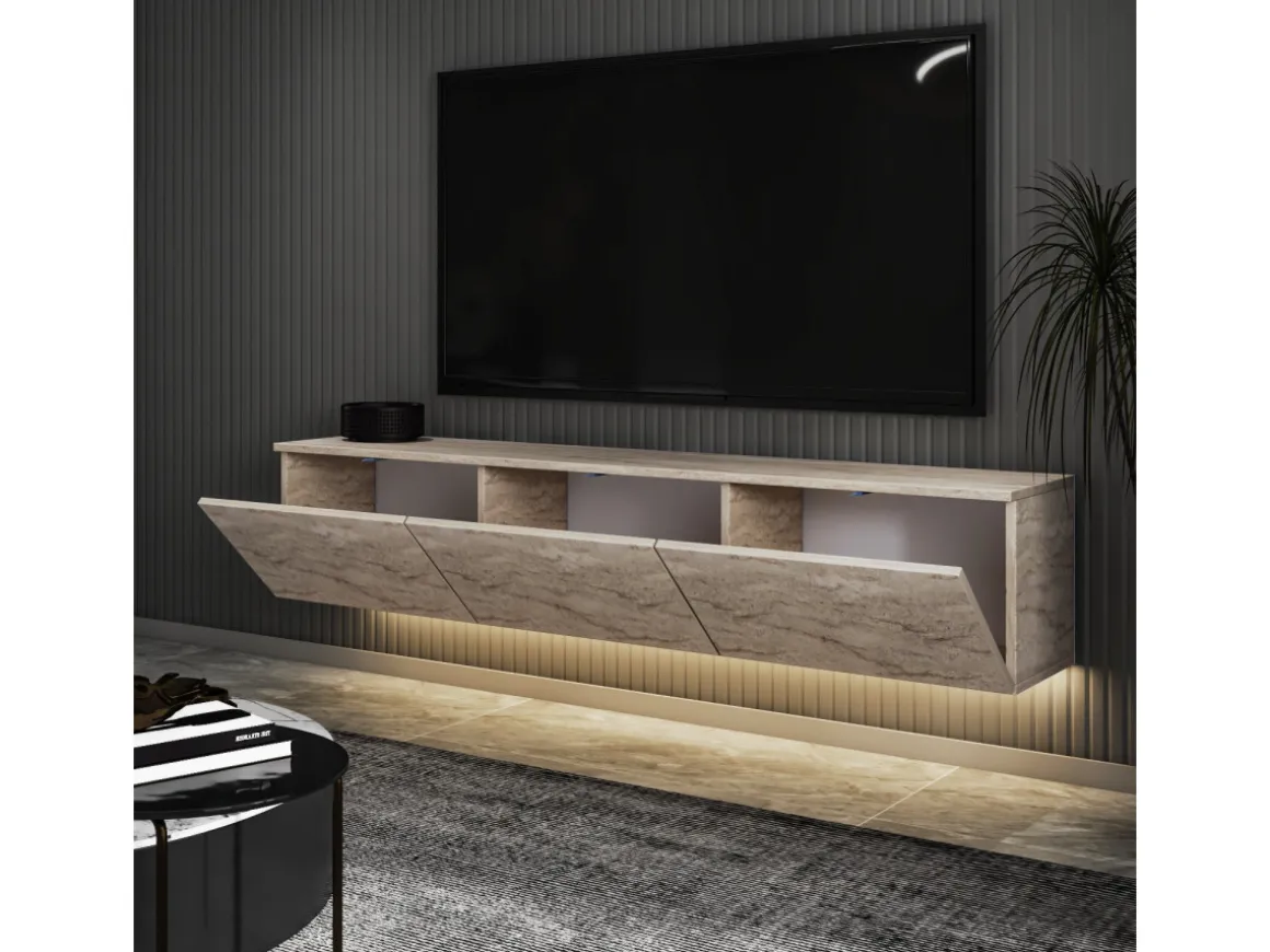 Meuble TV suspendu en bois avec éclairage LED "Neon illuminated" - 160 x 32 x 35 cm - Travertin