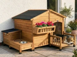 Niche pour chien en bois avec mangeoire et boite de rangement "Rusty" - 151 x 138 x 100 cm - Marron