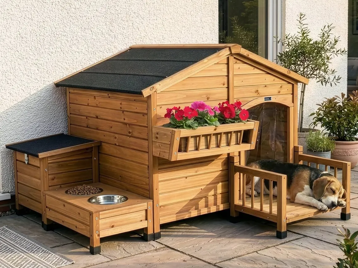 Niche pour chien en bois avec mangeoire et boite de rangement "Rusty" - 151 x 138 x 100 cm - Marron