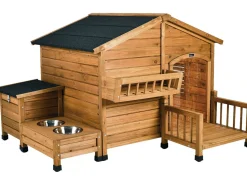 Niche pour chien en bois avec mangeoire et boite de rangement