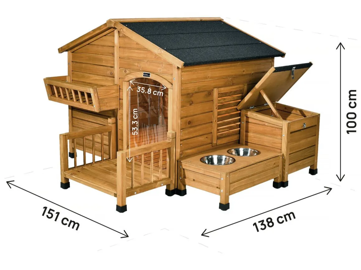 Niche pour chien en bois avec mangeoire et boite de rangement "Rusty" - 151 x 138 x 100 cm - Marron
