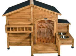 Niche pour chien en bois avec mangeoire et boite de rangement