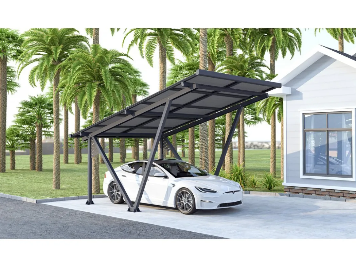 Ombrière Carport solaire avec panneaux photovoltaïques - 366 x 575 x 366 cm - Gris - 4,1 kW