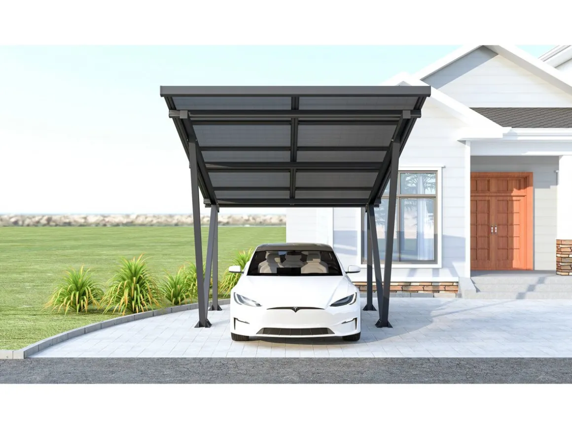 Ombrière Carport solaire avec panneaux photovoltaïques - 366 x 575 x 366 cm - Gris - 4,1 kW