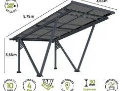 Ombrière Carport solaire avec panneaux photovoltaïques - 366 x 575 x 366 cm - Gris - 4,1 kW