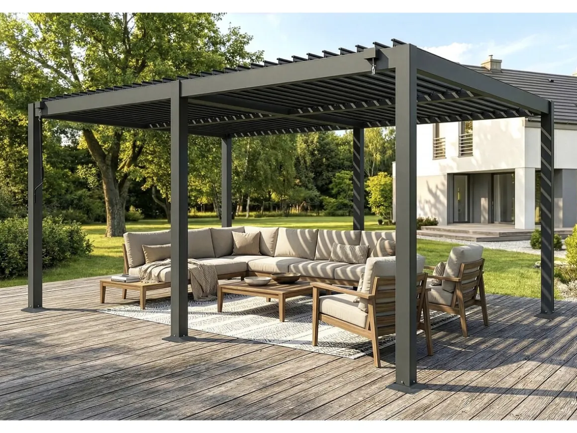Pergola bioclimatique autoportante en aluminium "Kensington" - 3 x 5 m - Gris