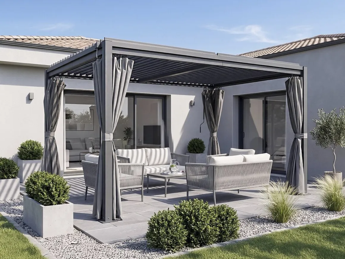 Pergola bioclimatique avec rideau et moustiquaire "Howard" - 3 x 4 m - Gris