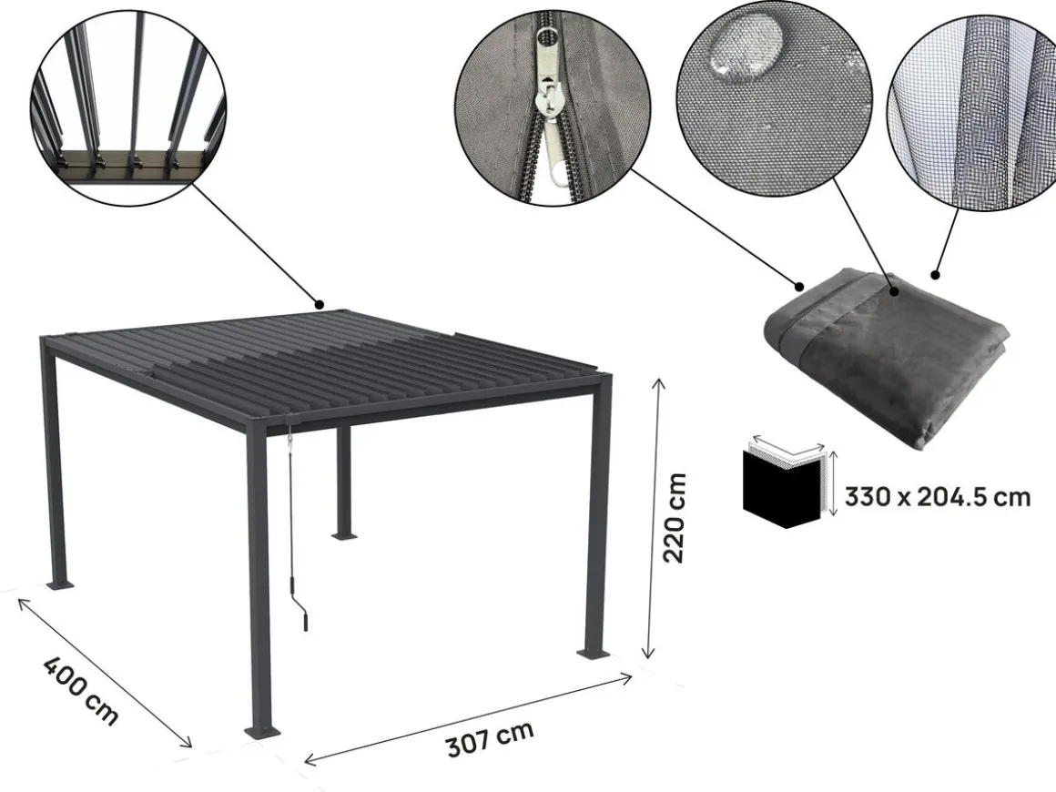Pergola bioclimatique avec rideau et moustiquaire "Howard" - 3 x 4 m - Gris
