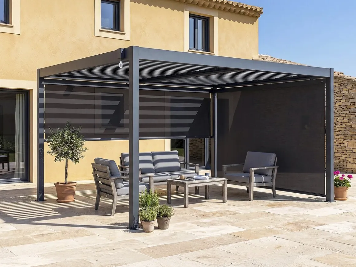 Pergola bioclimatique avec 2 stores en aluminium "Windsor" - 3 x 4 m - Gris