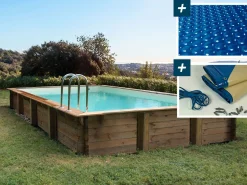 Piscine bois en kit rectangle " Murano " - 12.20 x 6.20 x 1.44 m - Bâche à bulles  400 µ - Bâche hiver  280 g/m²