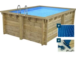 Piscine bois rectangle " Caimans 120 " - 4.10 x 3.00 x 1.24 m + Bâche à bulles 180 µ - Bâche hiver 280 g/m²