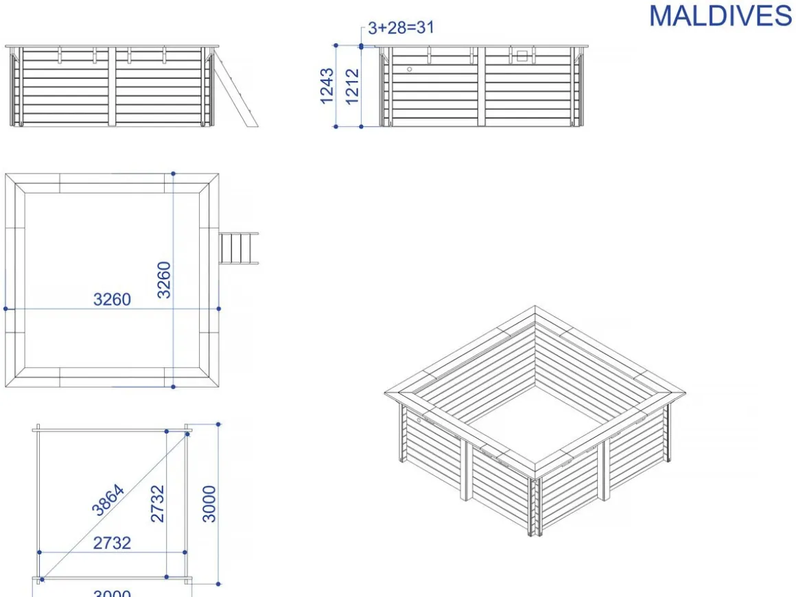 Piscine bois rectangle " Maldives " - 3.20 x 3.20 x 1.24 m + Pompe à chaleur 3.5 kw/h