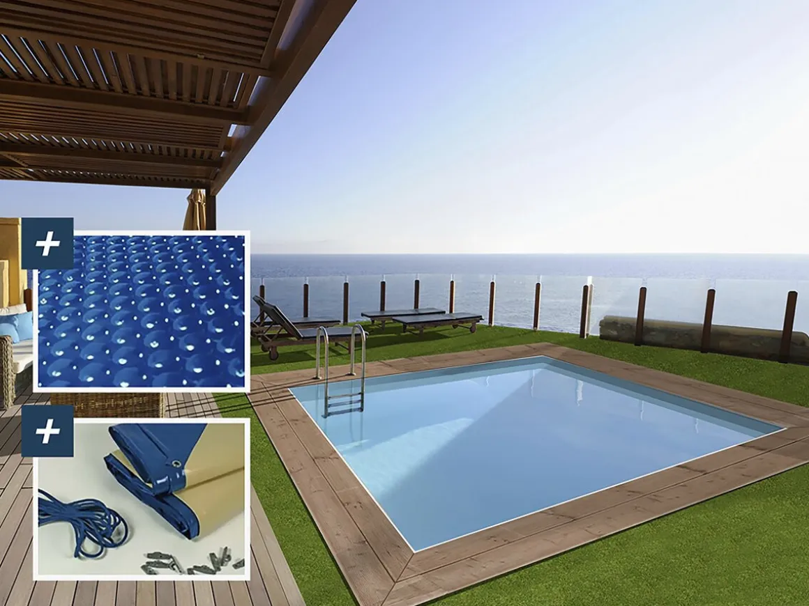 Piscine bois rectangle " Maldives " - 3.20 x 3.20 x 1.24 m + Bâche à bulles 180 µ - Bâche hiver 280 g/m²