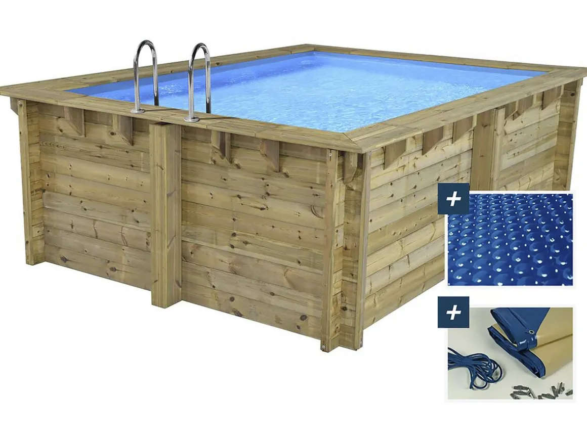 Piscine bois rectangle " Maldives " - 3.20 x 3.20 x 1.24 m + Bâche à bulles 180 µ - Bâche hiver 280 g/m²