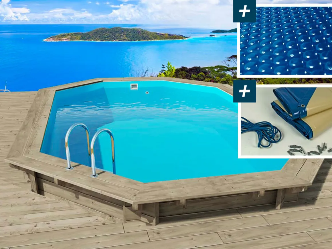Piscine bois " Seychelles " - 4.00 x 3.00 x 1.30 m + Bâche à bulles 180 µ + Bâche hiver 280 gr/m²