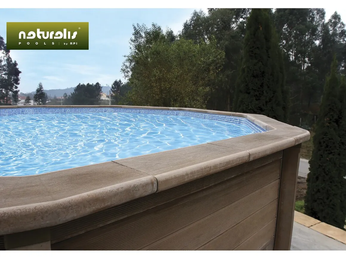 Piscine béton aspect bois en kit décagonale allongée " Naturalis 3 " - 7,77 X 4,74 X 1,28 m