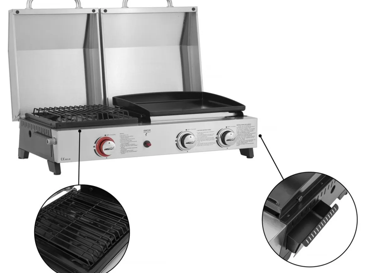 Plancha barbecue à gaz avec grille et plancha "Flamo" - 3 bruleurs - Gris